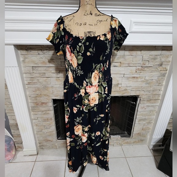 Justify black and peach floral faux wrap off shoulder maxi dress plus size‎ 2X - Picture 1 of 6